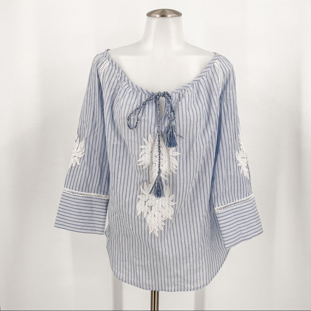 Workshop Republic Clothing Blue Striped Embroidered Tunic Tie Front